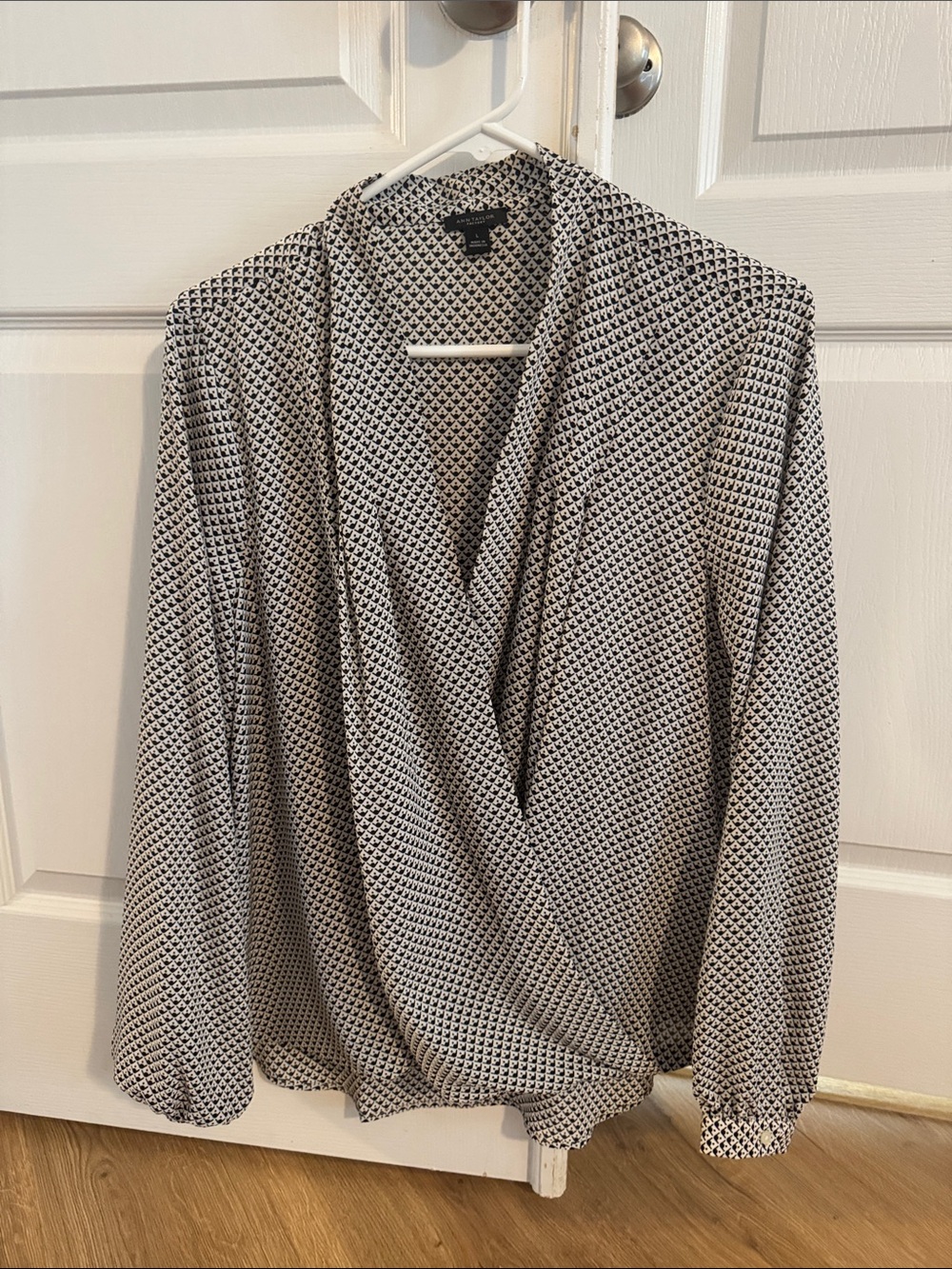 Ann Taylor Factory Black and White Geometric Faux-Wrap Blouse
